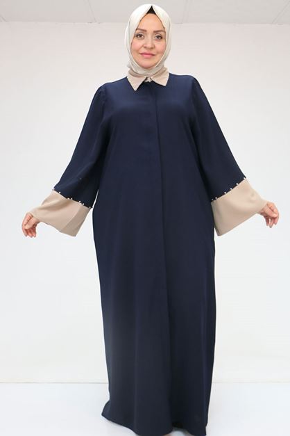 56008 Büyük Beden Kol Garnili Etamin Abaya Ferace - Lacivert-Vizon