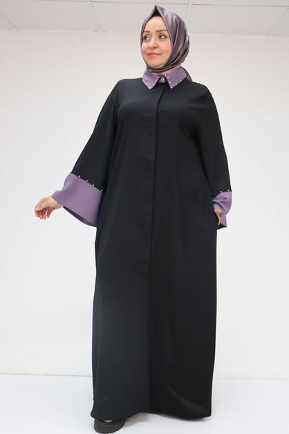 56008 Büyük Beden Kol Garnili Etamin Abaya Ferace - Siyah-Lila