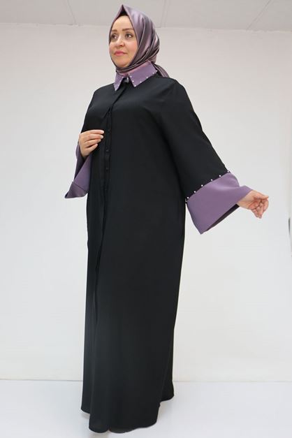56008 Büyük Beden Kol Garnili Etamin Abaya Ferace - Siyah-Lila
