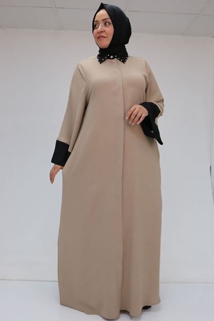 56008 Büyük Beden Kol Garnili Etamin Abaya Ferace - Siyah-Vizon