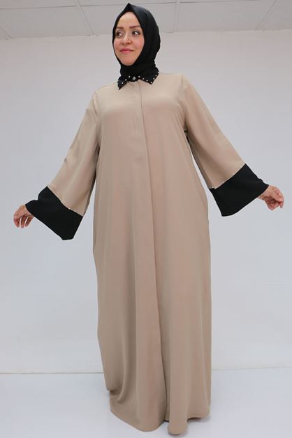 56008 Büyük Beden Kol Garnili Etamin Abaya Ferace - Siyah-Vizon