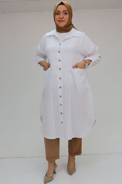 D-58071-1 Büyük Beden Önleri Torba Cepli Müslin Gömlek - Ekru