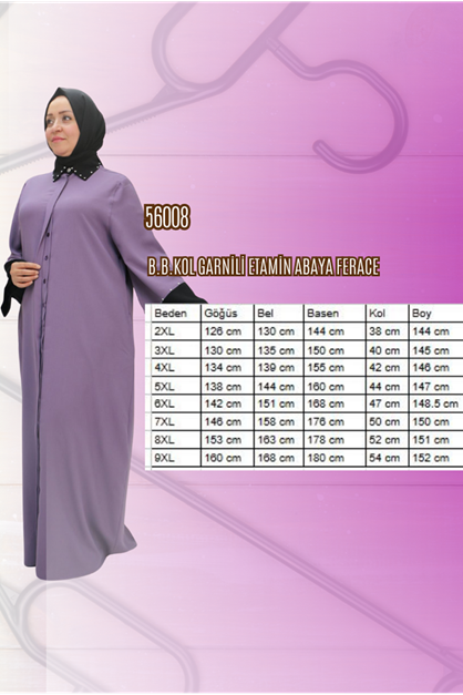 56008 Büyük Beden Kol Garnili Etamin Abaya Ferace - Siyah-Lila