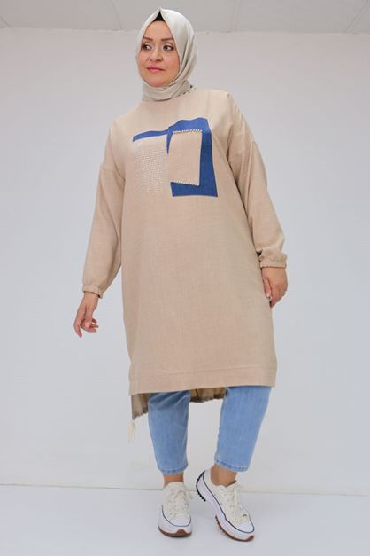 F-58011 Büyük Beden Etek Ucu Bağlamalı Önü Taş Detaylı Keten Tunik - Bej