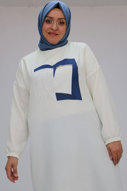 F-58011 Büyük Beden Etek Ucu Bağlamalı Önü Taş Detaylı Keten Tunik - Ekru