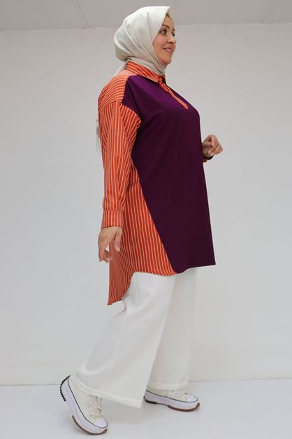 F-58041 Büyük Beden Önü Penye Arkası Çizgili Kumaş Tunik - Kiremit