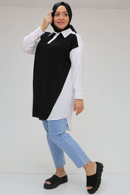 F-58032 Büyük Beden Önü Penye Detaylı Müslin Tunik - Siyah