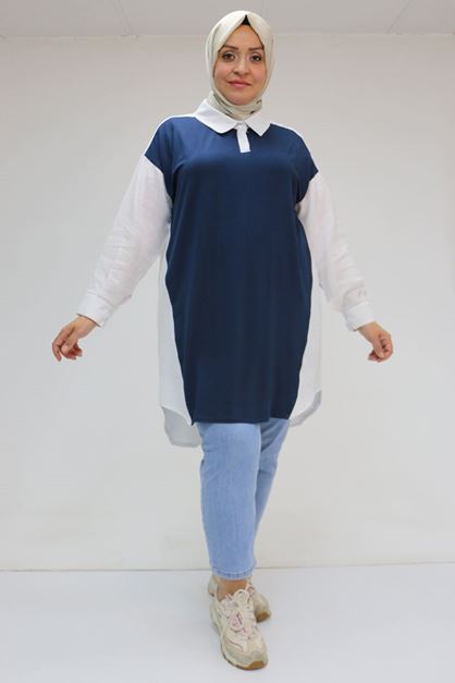 F-58032 Büyük Beden Önü Penye Detaylı Müslin Tunik - Lacivert