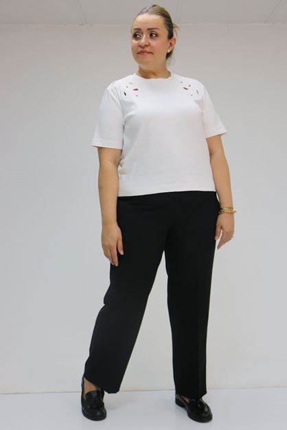 59010 Büyük Beden Beli Düğmeli Double Pantolon - Siyah