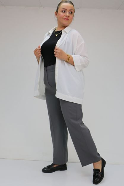 59010 Büyük Beden Beli Düğmeli Double Pantolon - Antrasit