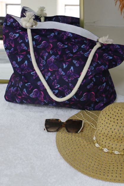 102 Büyük Plaj Çantası - Kelebek Desen Mor