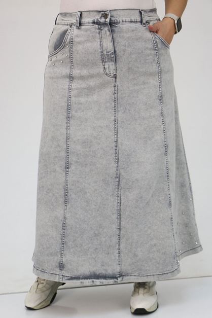 D-45007-1 Büyük Beden Parçalı Taş Detaylı Kot Etek - Gri 