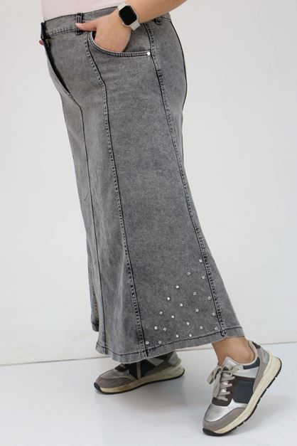 D-45007-1 Büyük Beden Parçalı Taş Detaylı Kot Etek - Antrasit 