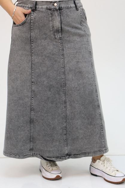 D-45007 Büyük Beden Parçalı Taş Detaylı Kot Etek - Antrasit 