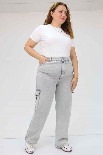 D-49031 Büyük Beden Kargo Cepli Kot Pantolon - Kar Yıkama Gri