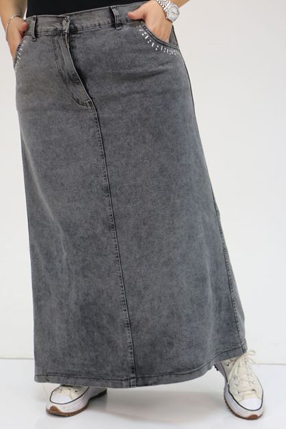 D-45015 Büyük Beden Cep Kenarı Taş Detaylı Kot Etek - Gri 