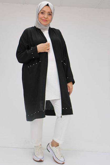 F-53016 Büyük Beden Kolu Lastikli Taş Baskılı Keten Tunik - Siyah