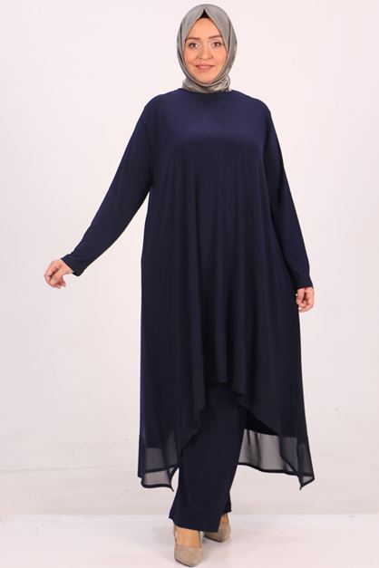 37017 Plus Size Sandy-Chiffon Trousers Suit-Navy Blue