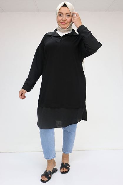 F-58033 Büyük Beden Penyesi Yelek Görünümlü Tunik - Siyah