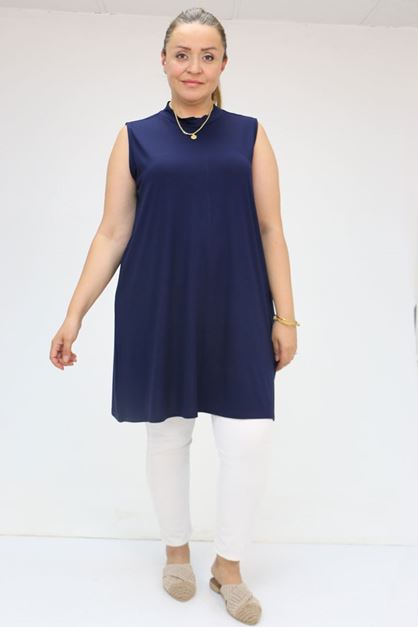 58501 Büyük Beden Hakim Yakalı Penye İçlik - Koyu Lacivert