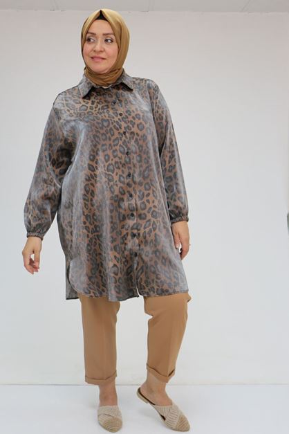 F-58085-1 Büyük Beden Kolları Lastikli Star Gömlek - Leopar