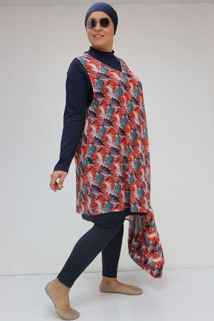 1723 Plus Size Long Sleeve Chiffon Pareo Hijab Swimsuit Set-Aqua Blue