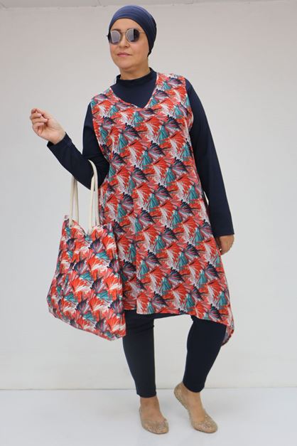 1723 Plus Size Long Sleeve Chiffon Pareo Hijab Swimsuit Set-Aqua Blue