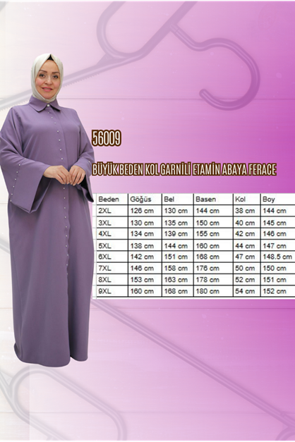 56012 Büyük Beden Kol Garnili Etamin Abaya Ferace - Lila
