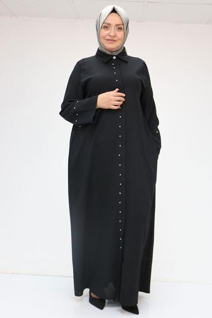 56012 Büyük Beden Kol Garnili Etamin Abaya Ferace - Siyah