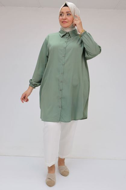 D-58085-3 Büyük Beden Kolları Lastikli Jesica Gömlek - Nefti  