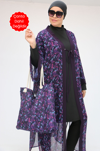 1735 Büyük Beden Garni Detaylı Pareo - Kelebek Desen Mor