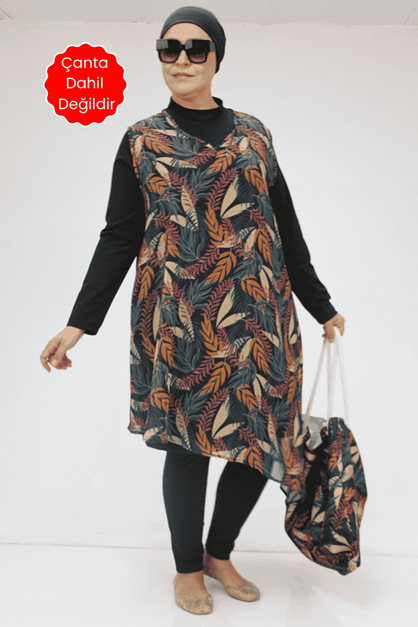 1723 Büyük Beden Uzun Kol Şifon Pareolu Tesettür Mayo Takım - Yaprak Desen Hardal