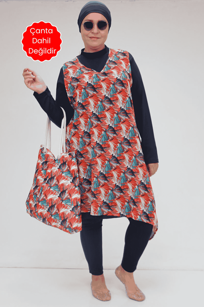 1723 Büyük Beden Uzun Kol Şifon Pareolu Tesettür Mayo Takım - Yaprak Desen Oranj