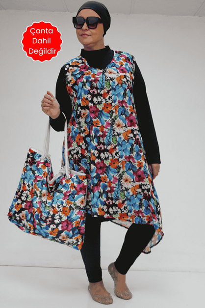 1723 Büyük Beden Uzun Kol Şifon Pareolu Tesettür Mayo Takım - Karışık Desen Mavi