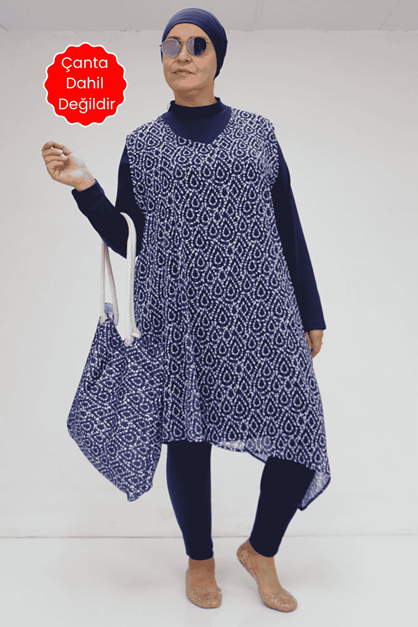 1723 Büyük Beden Uzun Kol Şifon Pareolu Tesettür Mayo Takım - Damla Desen Saks