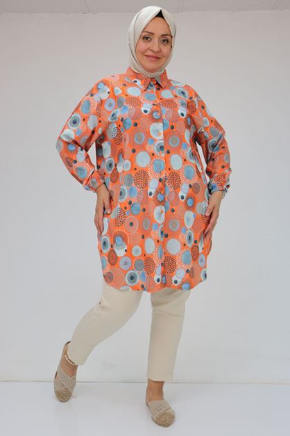 58052 Büyük Beden Erkek Yakalı Jesica Gömlek Tunik - Daire Desen Oranj