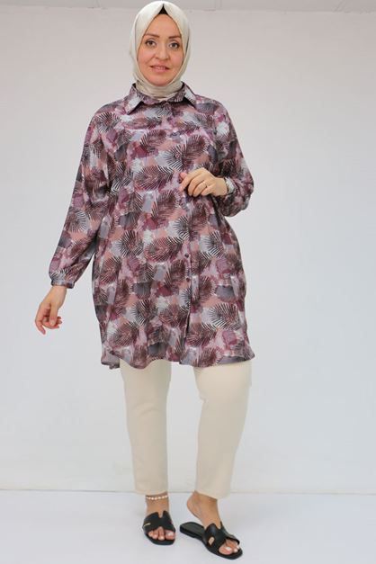 58052 Büyük Beden Erkek Yakalı Jesica Gömlek Tunik - Yaprak Desen Bordo