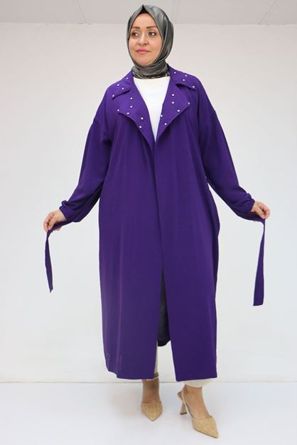 F-53008-1 Büyük Beden Önü Mostralı Kuşaklı Trençkot - Mor