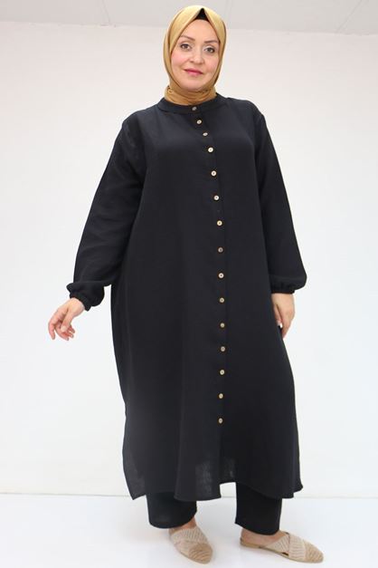 F-57044 Büyük Beden Kolları Lastikli Boydan Düğmeli Müslin Pantolonlu Takım - Siyah