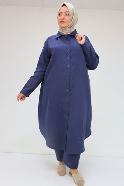 57047  Büyük Beden Müslin Pantolonlu Takım - Lacivert