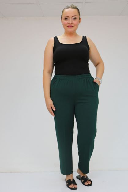 59015 Büyük Beden Borupaça Krep Pantolon - Zümrüt