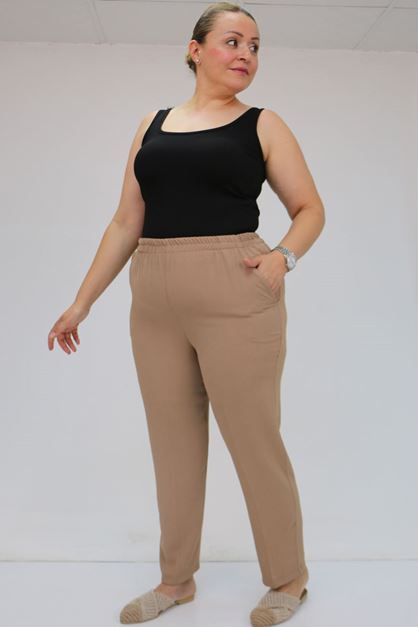 59015 Büyük Beden Borupaça Krep Pantolon - Vizon