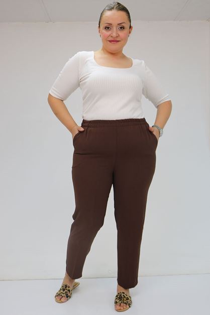 59015 Büyük Beden Borupaça Krep Pantolon - Kahve