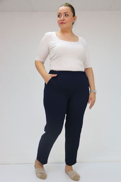 59015 Büyük Beden Borupaça Krep Pantolon - Lacivert