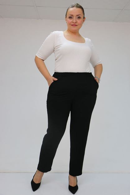 59015 Büyük Beden Borupaça Krep Pantolon - Siyah