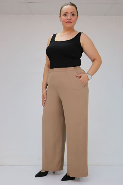 59014 Büyük Beden Beli Lastikli Bolpaça Pantolon - Vizon