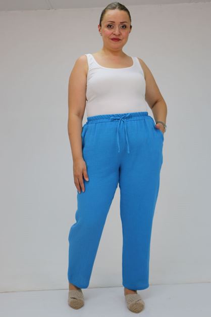 59020 Büyük Beden Beli Lastikli Müslin Dar Paça Pantolon - İndigo
