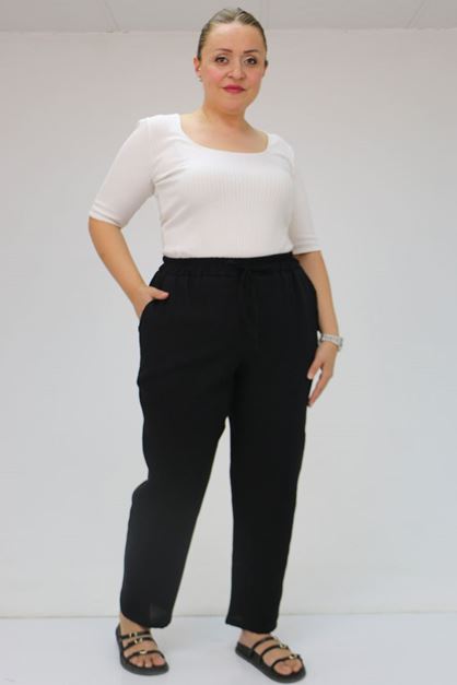 59020 Büyük Beden Beli Lastikli Müslin Dar Paça Pantolon - Siyah