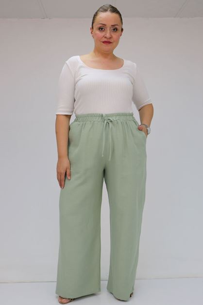 59021 Büyük Beden Beli Lastikli Müslin Bol Paça Pantolon - Nefti