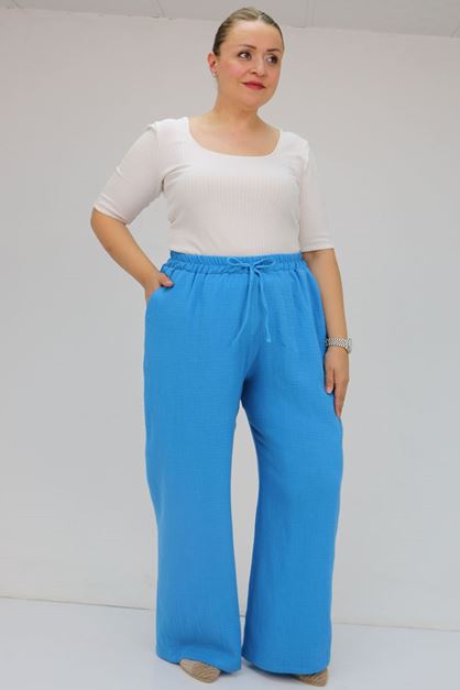 59021 Büyük Beden Beli Lastikli Müslin Bol Paça Pantolon - İndigo